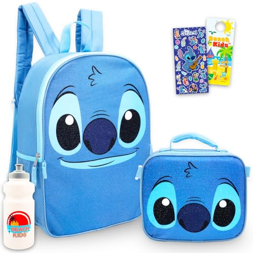 Disney Mochila Stitch com lancheira para crianças – Pacote de mochila escolar de 41 cm, lancheira, garrafa de água, mais | Mochila escolar Lilo and Stitch com conjunto de lancheira para meninos