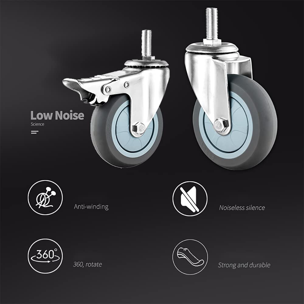 Ruote con Stelo del Freno da 75 mm M10/M12 Ruote girevoli in Gomma girevoli per carichi Pesanti, Senza Rumore, sostitutive per carrelli per mobili, Confezione da 4