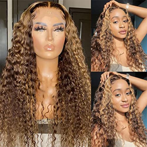 Smartinnov Ombre Highlight Closure Wig Curly Human Hair 4/27 Brown with Blonde Highlight 4x4 Lace Closure Wigs Water Wave 12" 150% Density Brazilian Virgin Hair Pre Plucked Highlight Lace Front Wigs