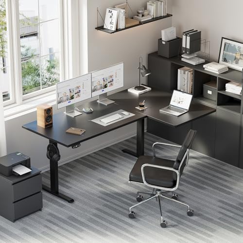 Image of Agilestic 63 Inch Reversible L Shaped Standing Desk, Electric Height Adjustable Desk with Memory Preset, Sit Stand Up Computer Workstation for Home Office, Splice Board, Black