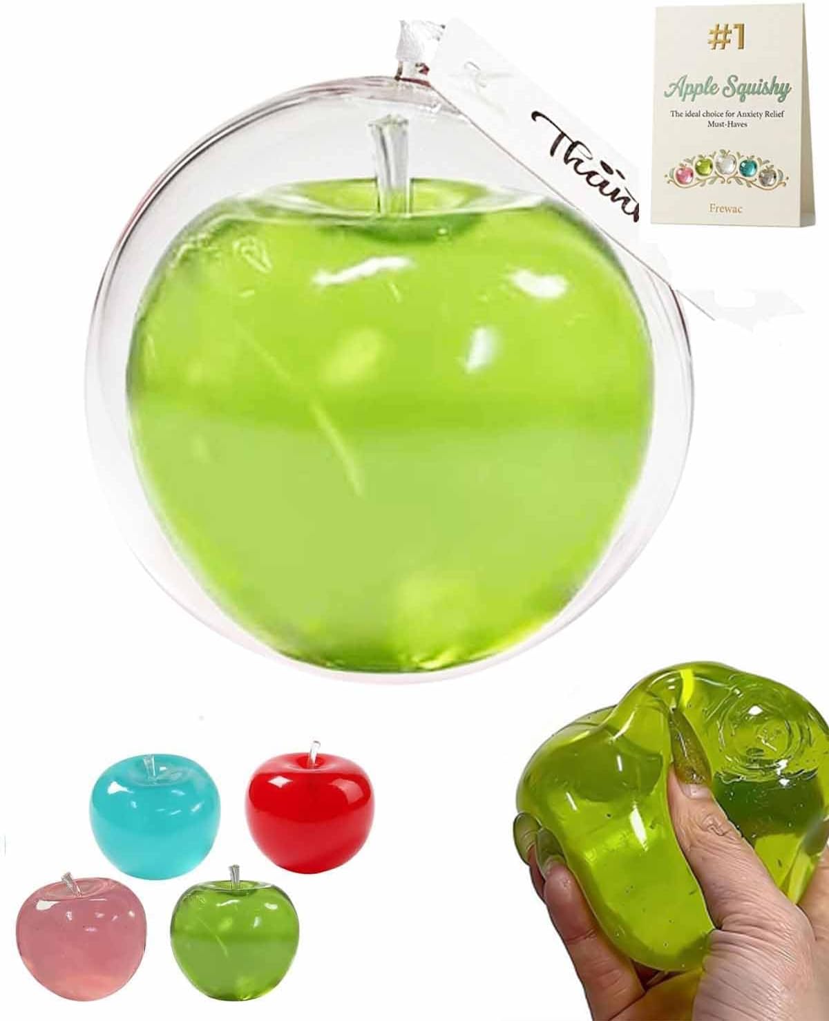 Apple Squishy, 3.15in Clear Cute Fruit Stress Balls, Soft Novelty Squeeze Toys Glass Gloss Semi-Transparent,Fun Handmade Silicon Squishies Sticky for Anxiety Relief & Focus(Green)