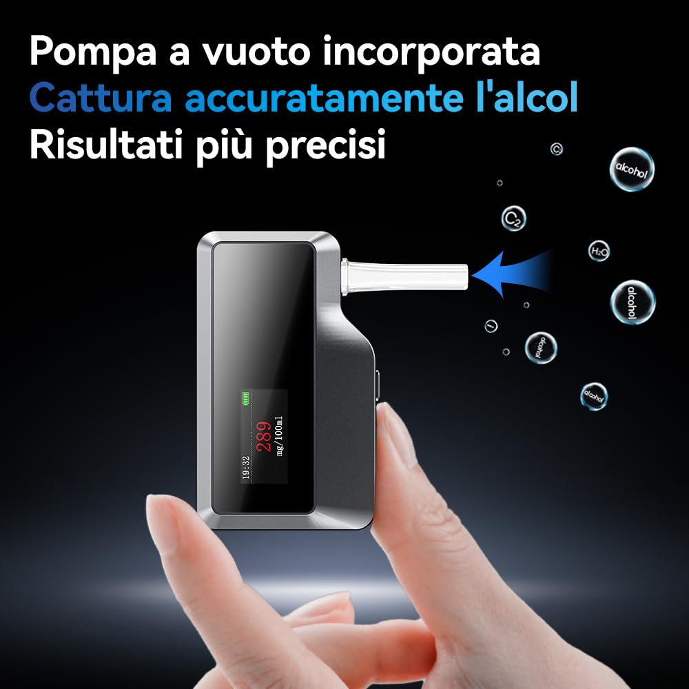 ZBK Etilometro ad alta precisione, analizzatore di respiro elettrochimico, etilometro digitale accurato - 100 record di archiviazione, ricarica rapida di tipo C, unità regolabili e tempo per uso