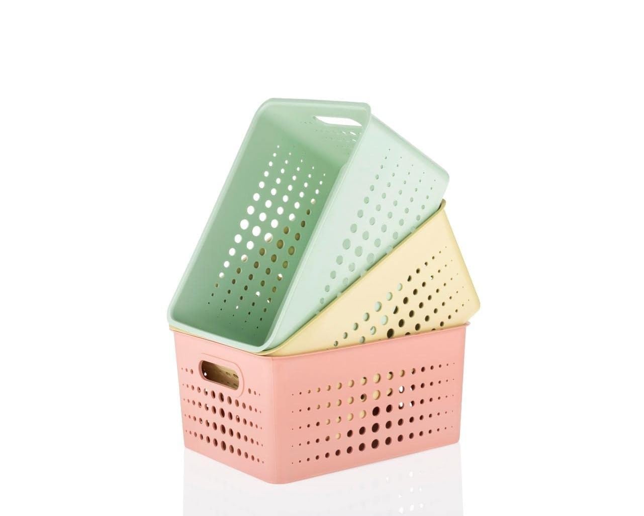 3 Pieces Plastic Storage Basket | Free 1 Wall Eyeglasses Holder | Multipurpose | For Wardrobe, Fruits & Vegetables, Stationary Items | 25.2 x 19.2 x 12.2 cm | Multicolor | Pack of 3-image-31