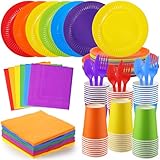 Inbagi 420 Pieces Rainbow Party Decorations Include 7' and 9' Colorful Paper Plates Colored Napkins Cups Spoons Forks Knives Complete Pack for Fiesta Neon Birthday Party Supplies
