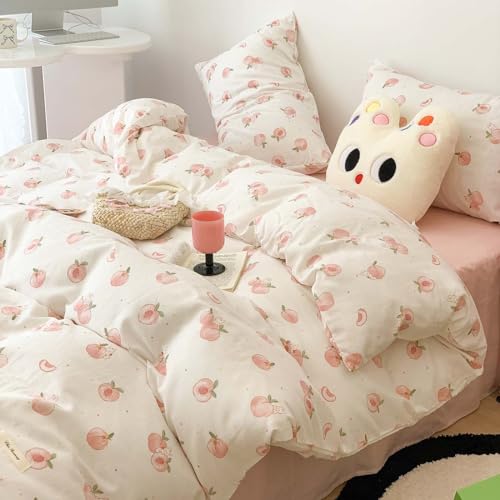 Image of Nayoroom Pink Peach Duvet Cover Full Size Kawaii Fruit Peaches Rabbit Printed on White Comforter Cover 3Pcs Kids Girls Soft Breathable Microfiber Cute Cartoon Bedding Set with Zipper Closure