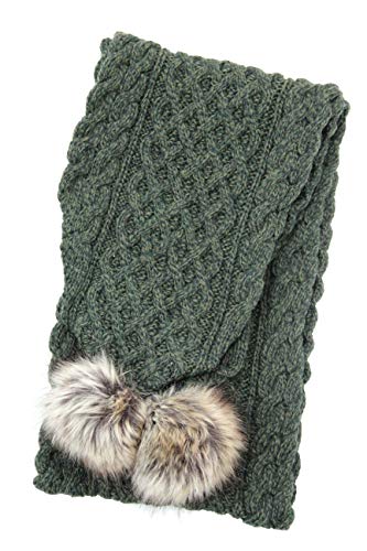 Aran Crafts Irish Cable Knit Wool Faux Fur Pom Pom Scarf 10"x64" (X4965-AGRE)2
