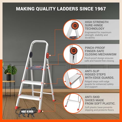 Image of Bathla Advance Pro 3-Step Foldable Aluminium Ladder for Home | Heavy-Duty & Anti-Slip Steps with Sure-Hinge Technology | 7-Year Manufacturer Warranty | Orange