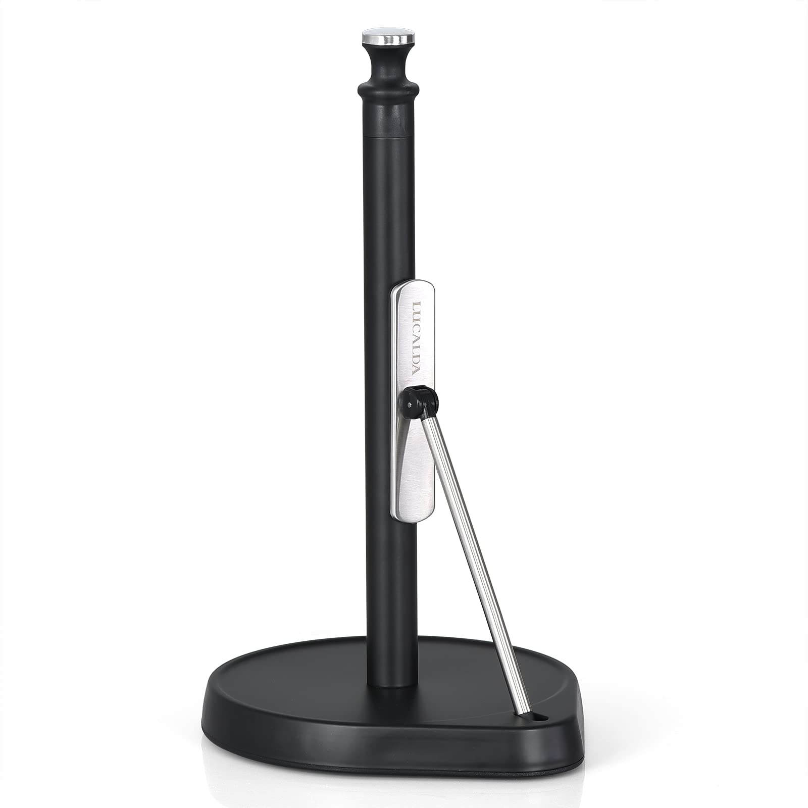 One Hand Tear Paper Towel Holder, Paper Towel Stand with Weighted Base and Tension Arm, Paper Towel Holder Stand Fits Most Size Rolls, Black Paper Towel Holder for Kitchen