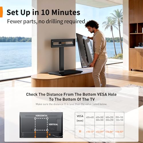Image of Perlegear Swivel TV Stand with Power Outlet for 32-72 inch TVs up to 99 lbs | Stable Tempered Glass Base, Universal TV Stand Base with Tilt, 9 height adjustments,cable management, max VESA 600x400mm