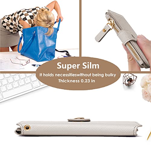 Image of Keychain wallet with ID Window，Credit Card Holder Leather, Zipper Card Case for Women, Beige, Travel Wallet