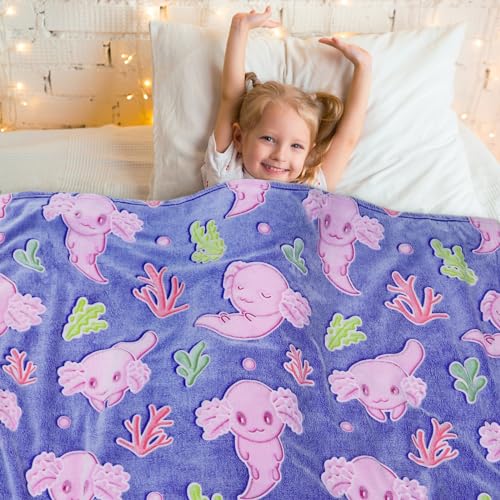 Image of Cute Axolotl Blanket Glow in The Dark Blanket Axolotl Gifts Toys for Girls Birthday Axolotl Room Decor 60 inchx80 inch