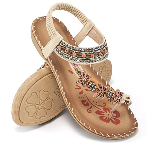 Image of Ablanczoom Flat Sandals for Women Summer: Casual Boho Beaded Toe Ring Dress Shoes - Comfortable Vacation Daily Walking Shoes