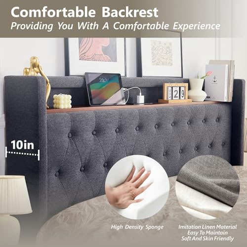 Redlife Queen Size Platform Bed Tufted Upholstered Bed Frame with 48.4\" Tall Wingback Headboard, LED Lights, Charging Station, Wooden Slats, No Box Spring Needed(Gray)