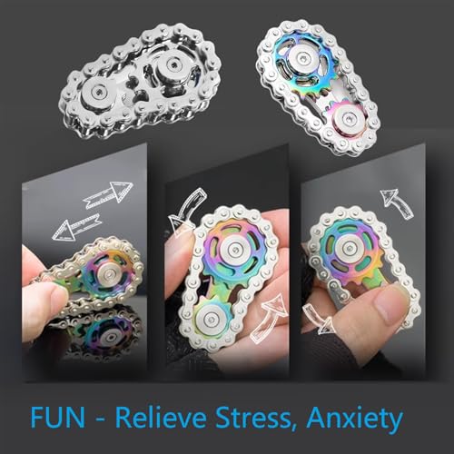 Image of 【2PCS】Fidget Spinners Toys for Adults & Teens - Metal Fidget Toy Bike Chain Fidget Sprocket Chain Fidgets Toy for Relief Anxiety ADHD Autism Cool Gadgets Desk Offices Gift Sensory Toy（Silver+Rainbow）