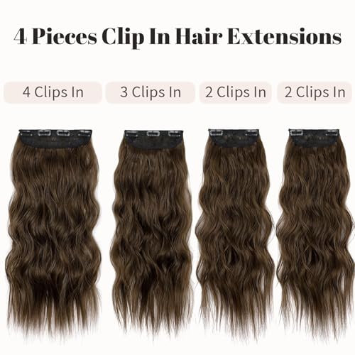 Image of Wavy Thick Clip in Hair Extensions 16 inch Chestnut Brown | Natural Volume & seamless, 4 Pieces Clip in Extensions,Fiber Double Weft Hairpieces,Wave Short Synthetic Hairpiece for Women