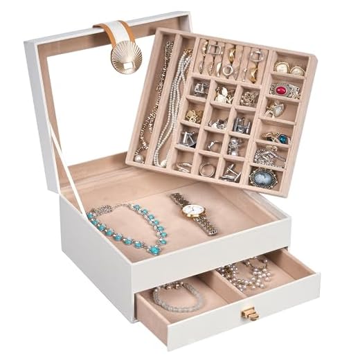 Hzuaneri Joyero con Tapa de Cristal, Organizador de Joyas con 3 Capas de Almacenaje, 1 Porta Joyas Individual, 1 Cajón, Joyero de Cuero PU, Portátil, Moderno, Blanco EJB0103S