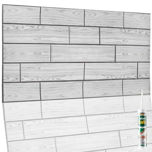 Faux Wood Wall Panels with Adhesive Included - 10 Sheets Covering 4.61 sqm | 49.6 sqft Moisture Resistant PVC Plastic Cladding - 96 cm x 48cm | 37.79 x 18.89 in – Decorative Grayscale Wood Texture