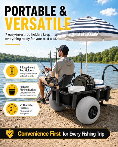 Image of PYY Beach Fishing Cart - 550LB Load Capacity Fishing Cart with Reinforced Frame, 13 inch Big Wheels PU Balloon Tires for Sand, Fishing Wagon with 7 Rod Holders, Foldable Bucket for Beach, Lake (Black)