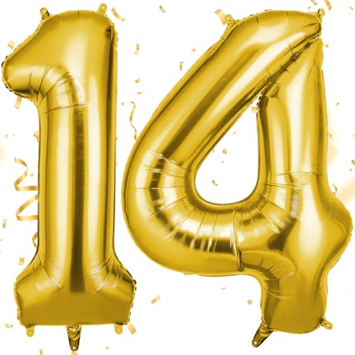 OFFCUP Ballon d'Anniversaire 14 Ans Or, Foil Ballon Numéro Chiffre 101cm, Gonflable Hélium, Deco Anniversaire 14 Ans Grand Ballons pour Fête Party Mariage