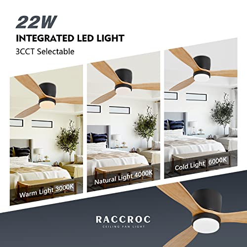 Raccroc Low Profile Ceiling Fan With Light,Flush Mount Ceiling Fan With Remote,3 Natural Solid Wood Ceiling Fans With Lights,22W Led Light,6 Speeds,Reversible Quiet Dc Motor(Matte Black) #TOP5