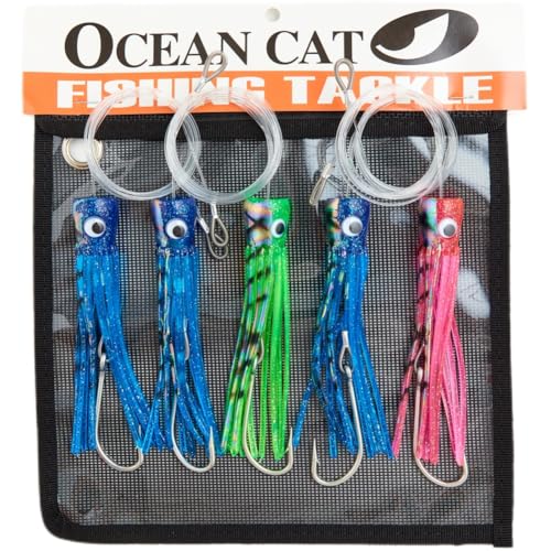 OCEAN CAT Saltwater Trolling Lures Bird Teaser for Saltwater Fishing Rigged with Hook for Wahoo Tuna Mahi Dolphin Sailfish Marlin (#034-5 Pcs/Bag, 6")