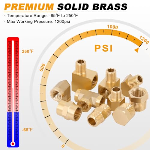 Image of KOOTANS 96PCS Brass Pipe Fittings Assortment Kit - NPT Adapter, Reducer Bushing, Hex Nipple, Coupling, Head Plug, 45 & 90 Degree Barstock Street Elbow, Tee Fittings Kit