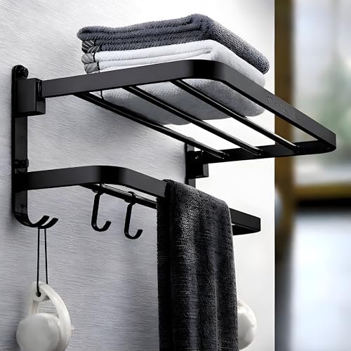 Image of Towel Holder in Bathroom - Towel Hanger for Wall,TwinFlex 304 Stainless Steel Foldable Towel Rack, Rustproof Wall Mounted Bathroom Shelf with Hooks, Heavy Duty Bathroom Accessories,24 Inch, Black