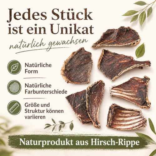 mascota vital - Hirschrippen für Hunde – 100 % natürlich & getreidefrei – Kausnack mit Fleisch & Knochen – Wild-Snack ohne Zusätze – langanhaltender Kauspaß für Allergiker & Sensible Hunde