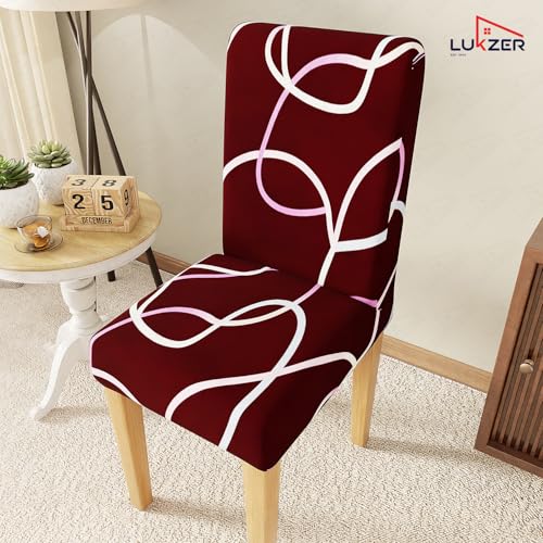 Image of Lukzer 1PC Red Swirl Stretchable Dining Chair Cover | Universal Fit Removable Washable Slipcover | 140 GSM Polyester + Spandex | Elastic Protective Cover for Home & Hotel Chairs Seat Slipcover
