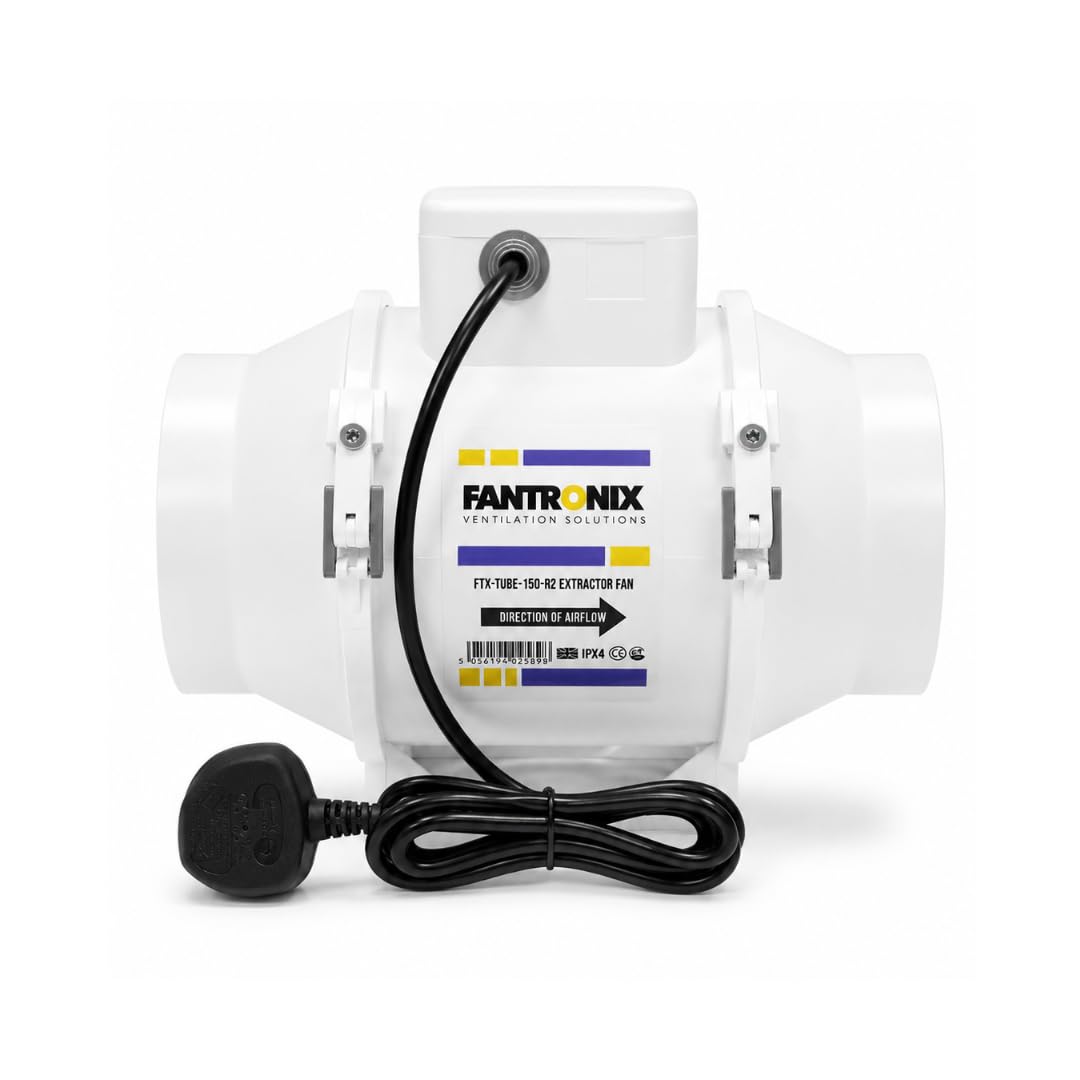 Fantronix White 150 Mm (6”) Inline Extractor Fan With Uk Plug – Powerful Bathroom & Grow Room Ventilation Fan, Energy Class E