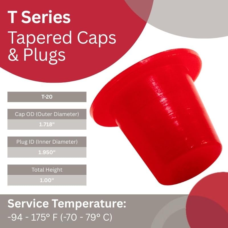 Image of Caplugs T-20 T Series - Plastic Tapered Cap and Plug, 40 Pack, Red LD-PE, Cap OD 1.718 inch x Plug ID 1.95 inch, Protective Closures, Dust and Moisture Seals, MIL Spec, SAE Fittings, Hydraulic (99394310)