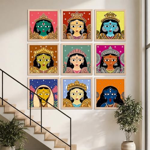 Image of NoWorries Indian Goddess Wall Art Frames Set of 9 | Vibrant Hindu Colorful Durga Kali Folk Art Prints with frames for Living Room, Spiritual Home Decor, Modern Ethnic Wall Gallery