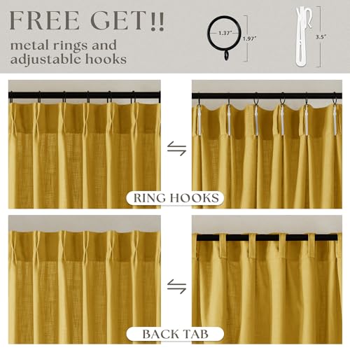 Image of Extra Long Mustard Yellow Linen Curtains 120 Inches Long Gold Yellow Funky Farmhouse Rustic Curtain Light Filtering Semi Sheer Back Tab Pinch Pleat Curtain for Tall Ceiling Living Room 2 Panels