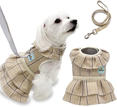 ELILY Dog Dress Harness with Leash Set. Elegant Plaid Clothes for Small Dog Cat Puppy. Soft Breathable Mesh (M, Beige-Dress)
