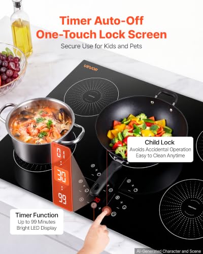 Image of VEVOR Built in Electric Stove Top,Electric Induction Cooktop 36In 5 Burners, Induction Cooktop, Touch & Independent Control, 9 Power Levels, Easy-Clean Ceramic Glass, Child Lock, 9200W, 220V No Plug