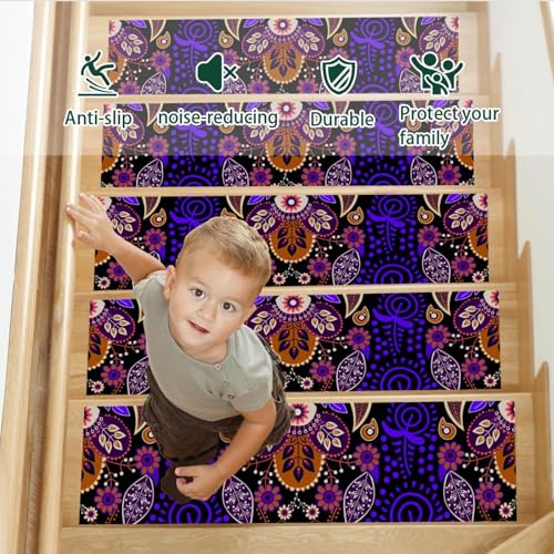 Alfombra para peldaños antideslizante con mandalas bohemios de 8x30 para escaleras de madera 4