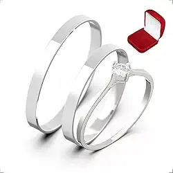 Alianças Italianas Par Aço Inox Prata Namoro Compromisso com Caixa de Veludo e Anel Solitário Bella Bijoux Deluxe