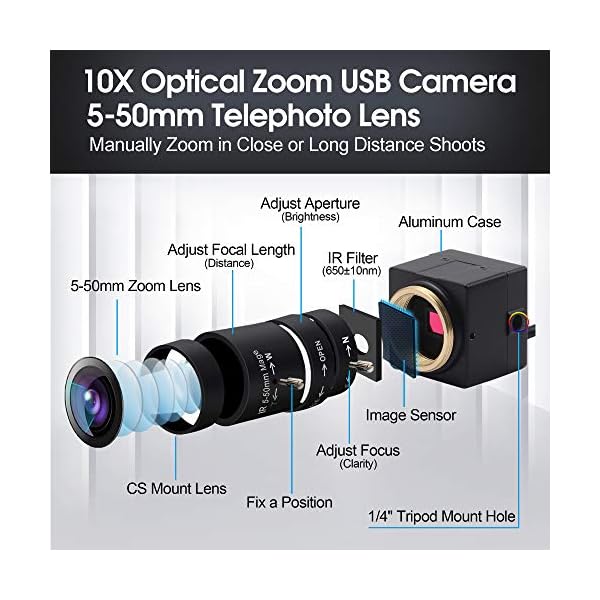 Svpro 8MP USB-Kamera mit 5–50mm Varioobjektiv, 10-facher optischer Zoom manueller Fokus Webcam, HD-Webkamera mit IMX179-Sensor für Windows, Linux, Mac OS, Android, Plug-and-Play-UVC-Kamera – Bild 3