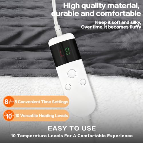 Cushious Heizdecke mit Abschaltautomatik 130x180 cm, 10 Heizstufen & 8-Stunden-Timer, Überhitzungsschutz, Maschinenwaschbar, Flanell-Wärmedecke elektrisch für Bett Sofa und Homeoffice