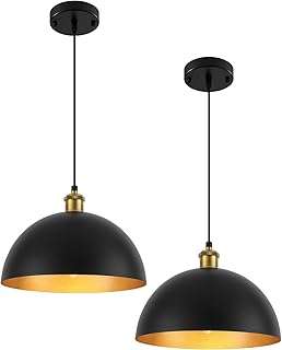 Pendant Lights for Kitchen Island, 11.8" Black and Gold Farmhouse Pendant Light, Dome Pendant