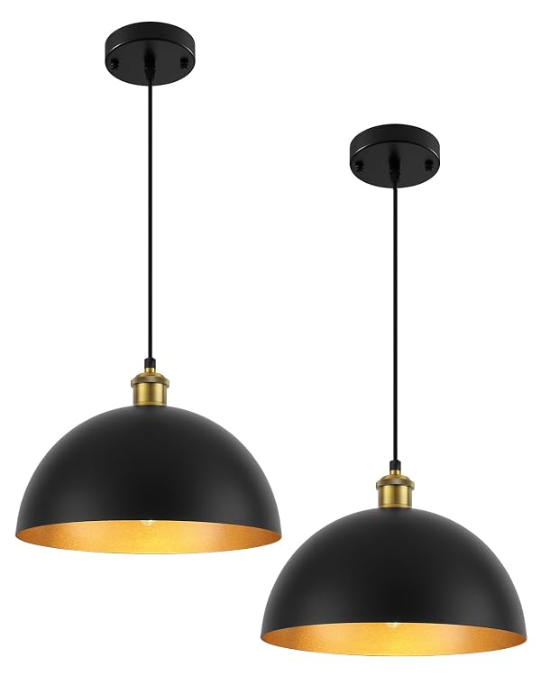 PINDODO Vintage Dome Pendant Lights 2 Pack,Industrial Black and Gold Pendant Lighting for Kitchen Island, 11.8 Inch Farmhouse Ceiling Hanging Lamp for Dining Room Entryway Bar Restaurant by PINDODO - Used condition - CA$35.11