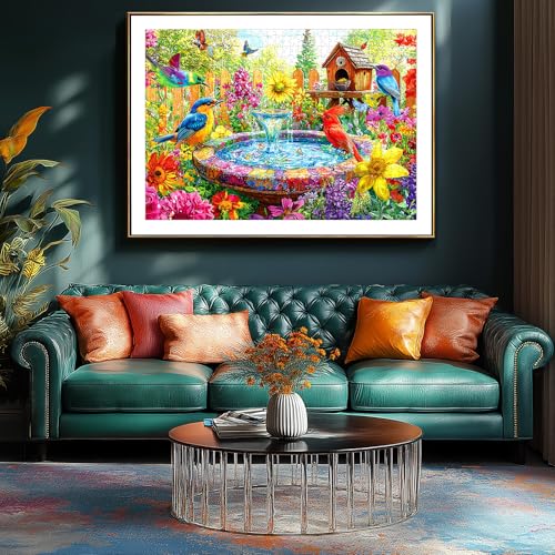 Image of Garden Birds 500 Piece Puzzles for Adults: Vibrant Spring Flower Birdbath Jigsaw Puzzles 500 Pieces, 23x15 Inch 500 Piece Puzzle Adult, Puzzles for Seniors & Adults Entertainment