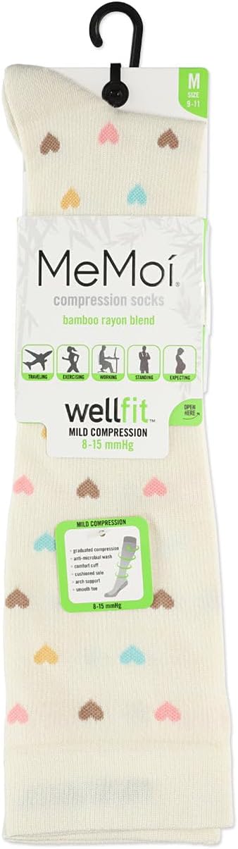 MeMoi Wellfit Women's Multicolor Hearts Rayan Blend 8-15MMHG Graduated Compression Socks