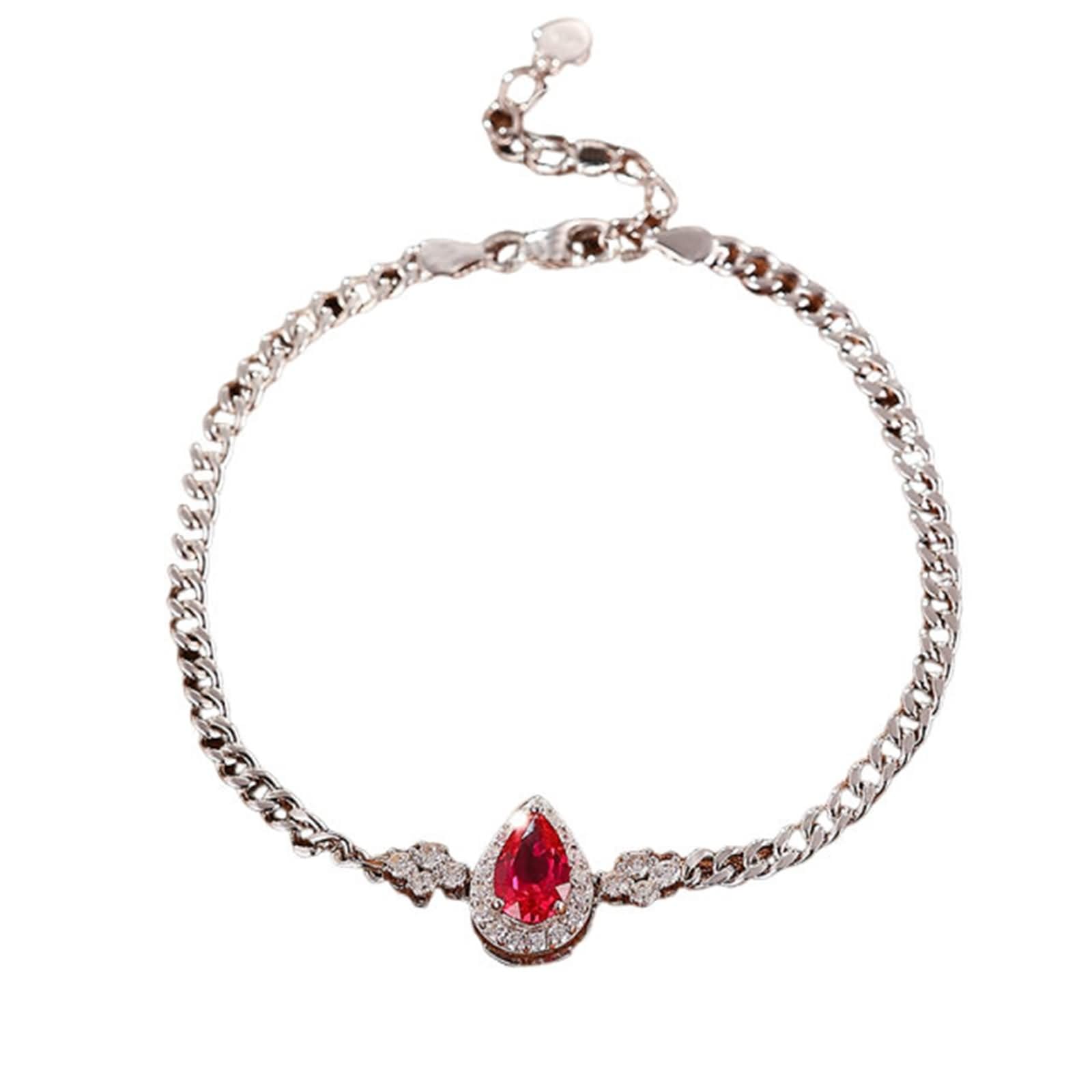 Pulsera Mujer de Oro Blanco de 9Kilates / 14Kilates / 18Kilates, Gota de Agua con Rubí Creado de 1,2 ct y Moissanita, Cadena Extensible 16 CM + 5 CM, Pulseras de Ajustable Mujer Plata Rojo