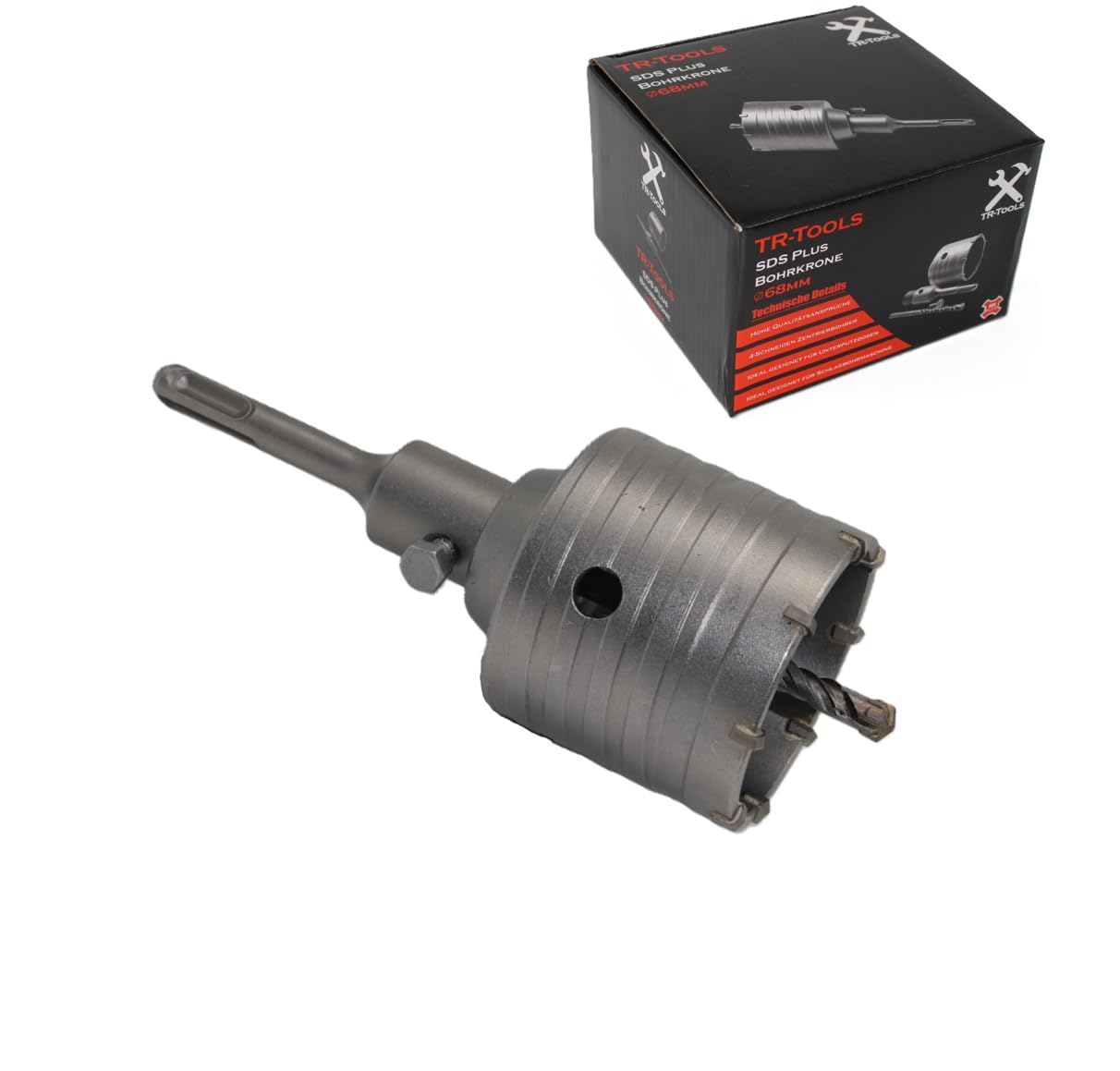 68mm Bohrkrone SDS Plus- verstärkte Bauart - Hammerschlagfest - 4 Schneiden Zentrierbohrer - Dosenbohrer - Bohrkrone Steckdose für Mauerwerk und Beton
