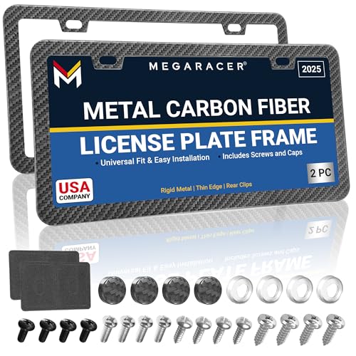 Premium Slim Carbon Fiber Design License Plate Frames 2 Pack Rust-Free Stainless Steel & Rattle-Free Street Legal Universal with Screw Caps Thin Metal Front & Rear Car Tag Holders for Men