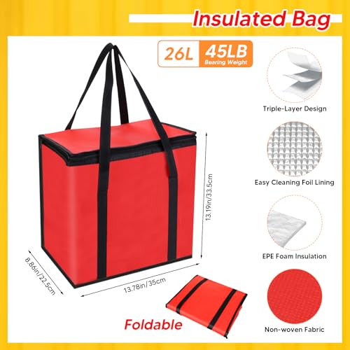 LEIFEOSH Reusable 6 Cup Drink Carrier with Handle and Insulated Bag for Hot and Cold Drink/Food, Foldable Plastic Cup Holder and Large Capacity Insulated Food Bag for Travel and Delivery, Red - view 2