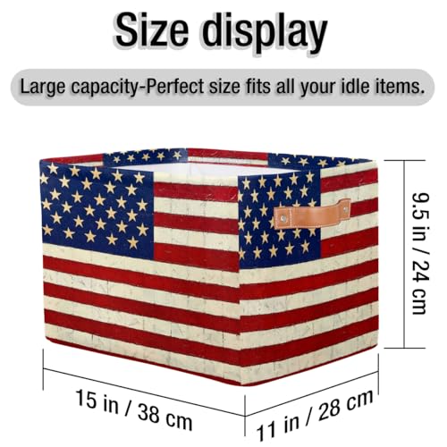 Image of Usa Flag Storage Baskets for Organizing, Fabric Collapsible Storage Bins Box Vintage American Flag Decorative Toy Organizer Baskets for Closet Shelves Gift Basket 2Pcs