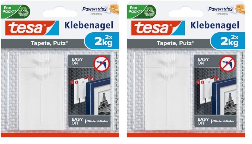 tesa Klebenagel für Tapeten und Putz / Selbstklebende Nägel für empfindliche Oberflächen / Leicht anzubringen und zu entfernen - rückstandslos / 2 x 2kg Halteleistung (Packung mit 2)