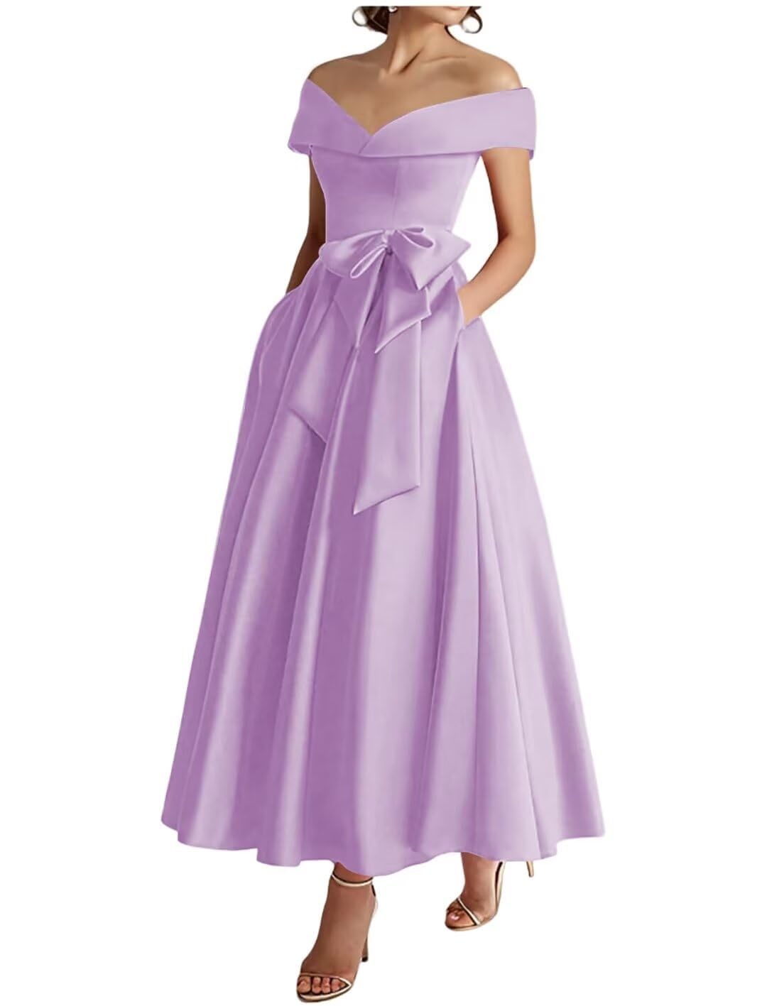 YIANN Lilac Mother of The Bride Dresses for Women Off Shoulder Satin Wedding Guest Dress Tea Length Formal Gown UK14